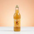 Bottle of yumi kombucha with a mango flavor on a peach background